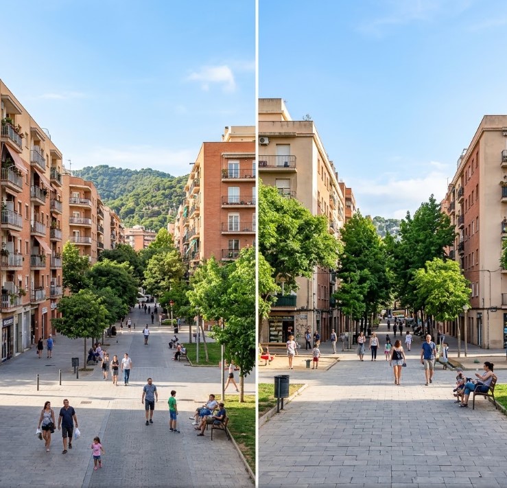 Vistes de les places residencials, vida veïnal i zones verdes a La Marina de Port, Barcelona
